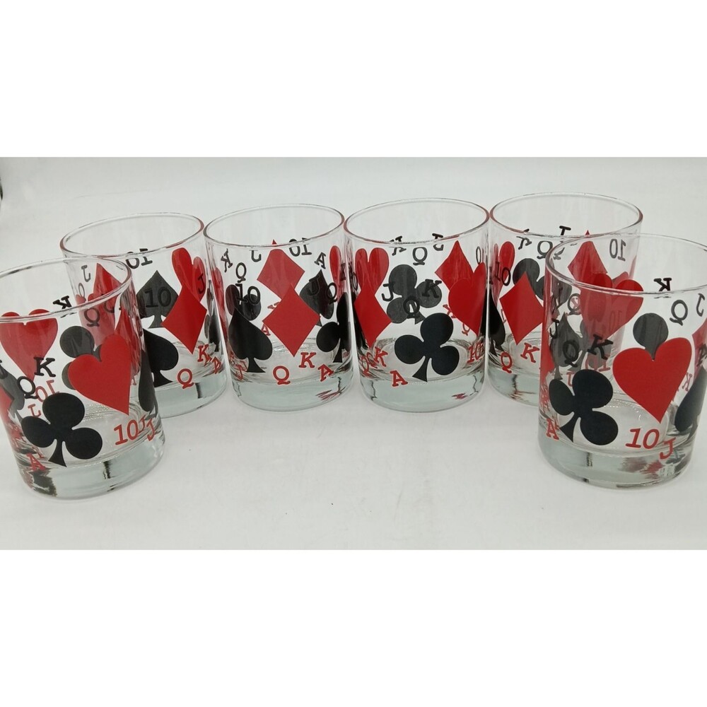 Vintage Red & Black Playing Card Poker Lowball Whiskey Barware Glasses Set of 6